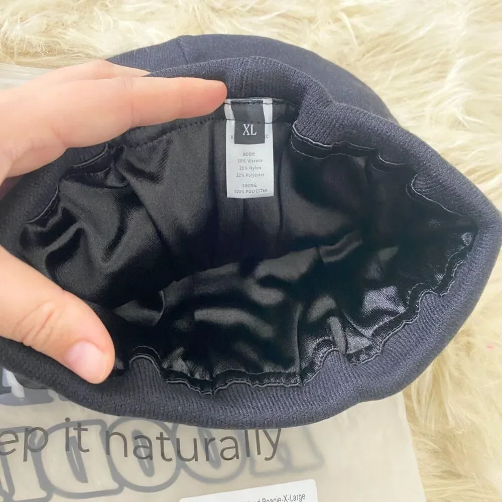 New KIN keep it Natural Black Jersey Satin Lined Beanie Size XL